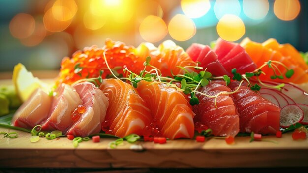 Color photo of a platter of sashimi fresh slices of fish with vibrant colors served on a wooden board bright restaurant lighting