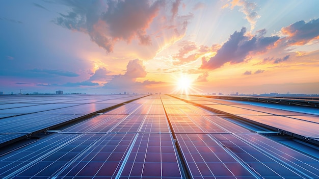 Color photo of a solar array on an industrial building large panels covering the roof urban environment with bright overhead light