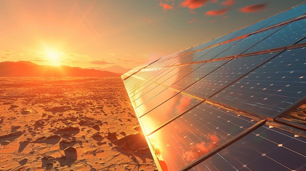 Color photo of a solar panel array in a desert reflective surfaces capturing sunlight barren landscape bright midday light