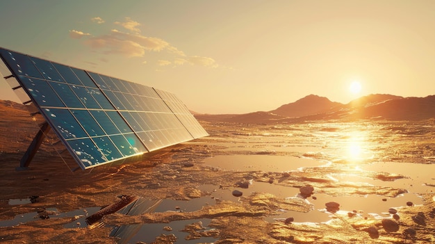 Color photo of a solar panel array in a desert reflective surfaces capturing sunlight barren landscape bright midday light