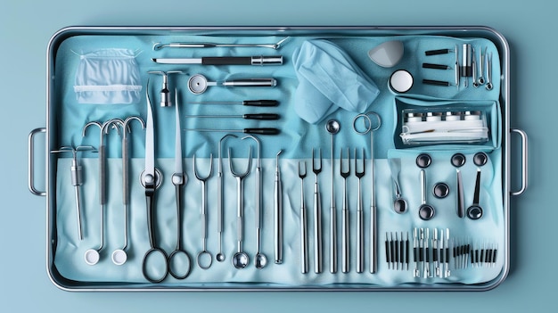 Color photo of a surgical instrument tray neatly arranged tools with sterile coverings operating room bright overhead lighting