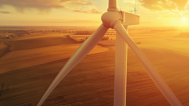 Photo color photo of a wind turbine on a rural farm tall structure with spinning blades fields of crops below soft golden hour light