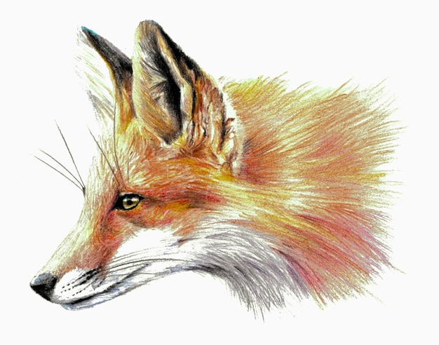 Color sketch - Fox profile. On white background. Detailed pencil drawing