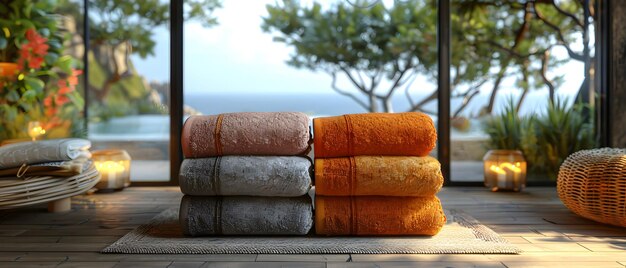 Photo color soft cashmere blankets stacked in the center the blankets restaurant summer terrace