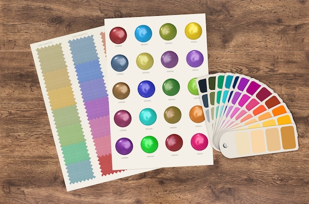 Photo color swatch template and chart on wood background