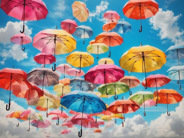 Color umbrella in sky Mixed media Generative AI