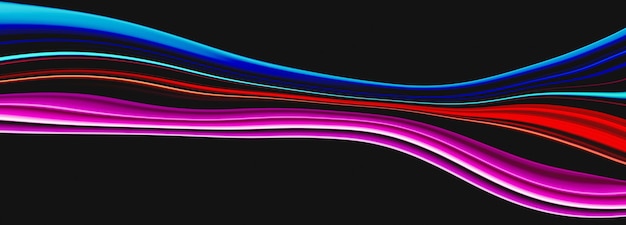 Color wave on black background pink blue neon colors flow wide abstract art banner copy space