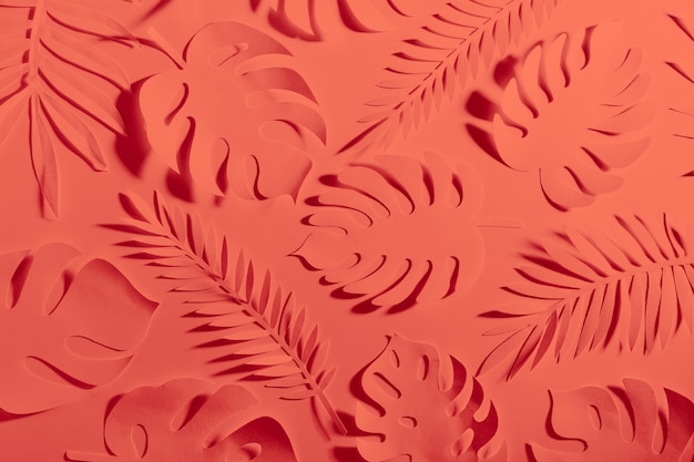 Color of the year 2019. Living Coral. Tropical leaves pattern.