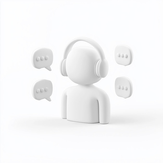 Photo colored 3d icon of a customer service person with headphones and chat bubbles on a white background