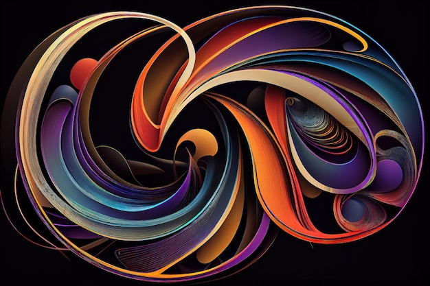 Colored abstract round curves and lines on black background Generative Ai