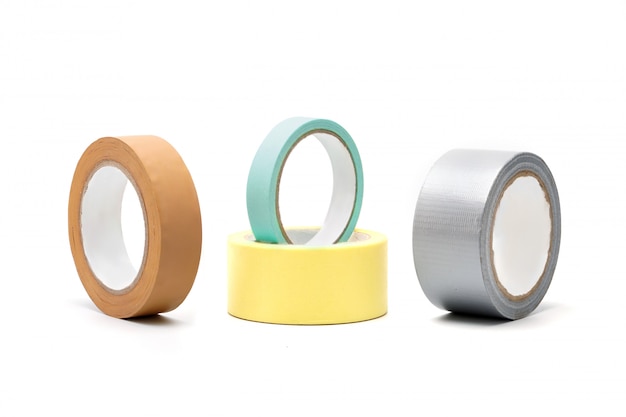 Colored adhesive tape, tape isolates, glues, accessory for home repair and at work building repair tool.