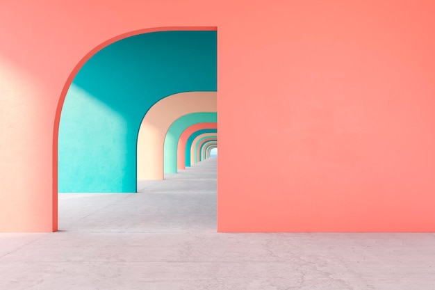 Colored architectural corridor with empty wall concrete floor horizon line