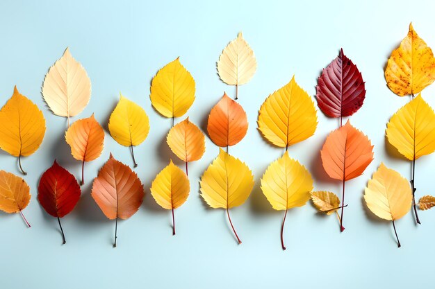 colored autumn leaves laid out in an ornamental pattern on a light background top view