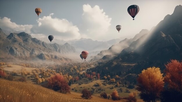 Colored balloons fly in the clouds in the sun over the mountains hills AI generated