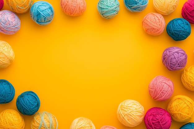 colored balls of woolen threads on a yellow background