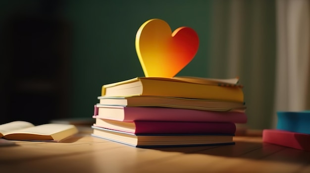 Colored books and heart on wooden surface Generative Ai