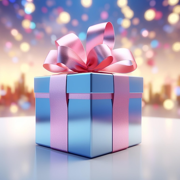 colored cardboard box with pink bow and ribbons placed on white table