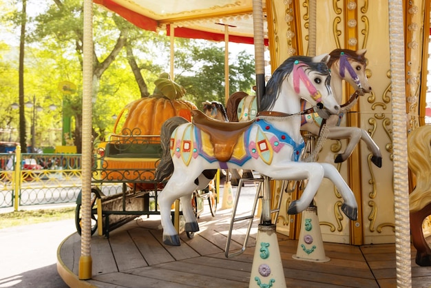 Colored carousel in the amusement park on a summer day copy space