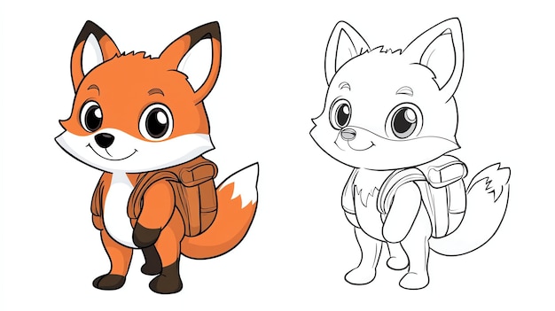 Photo a colored cartoon fox next to a black and white outline of the same fox ready for coloring