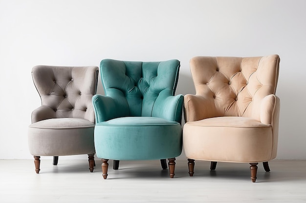 Colored chairs from fabric and suede on a white background