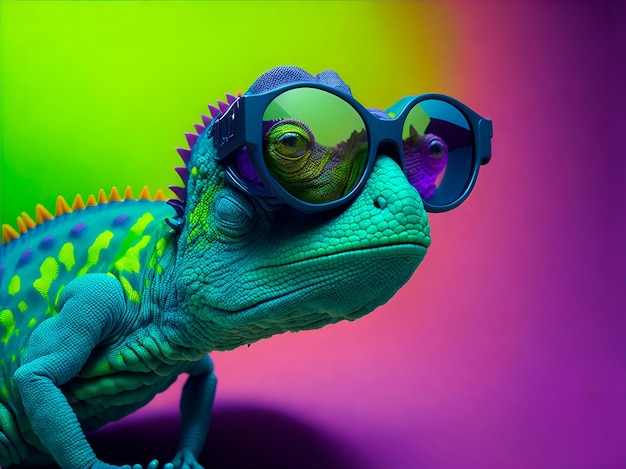 A colored chameleon with eyeglasses on a green and purple background in a close up view