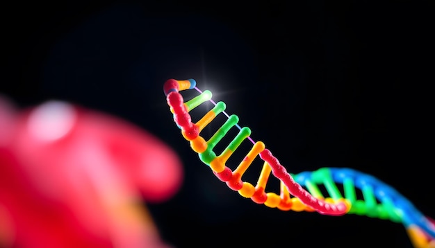 Photo colored double helix dna structure for science concept isolated with white highlights