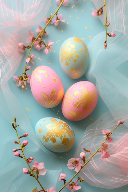 Colored Easter eggs are adorned with spring flowers set against a soft pastel blue background