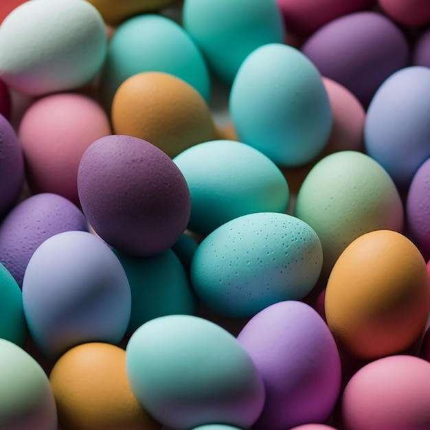 Colored eggs as background in top view for Easter day celebration, photography, details, natural lig