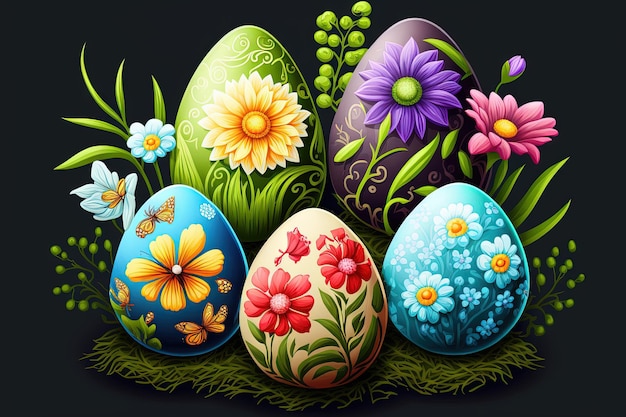 Colored eggs for Easter and flowers