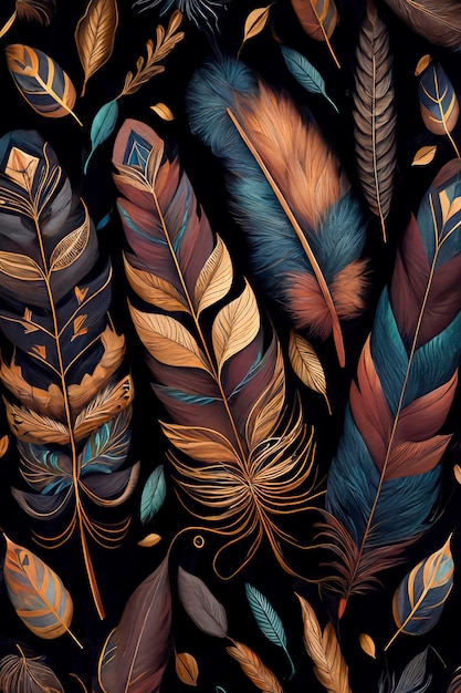 colored feathers, background full and full of colorful feathers. fantasy illustration created with Generative AI technology