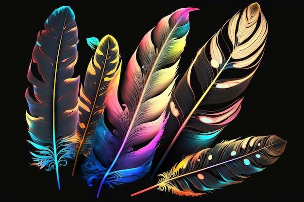 Colored feathers with neon effectAI technology generated imag