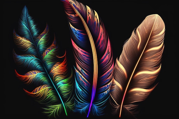 Colored feathers with neon effectAI technology generated imag