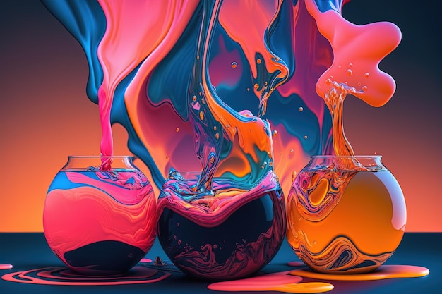 Colored floating liquid in trend colors pink orange bright splash graphics rich colors high resolution illustration beautiful wallpaper paint watercolor wave Concept art AI