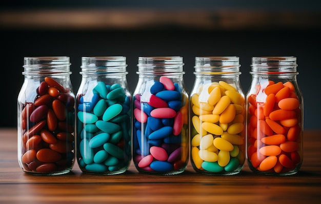 Colored glass jars on a white desktop in the style of colorful animation frames