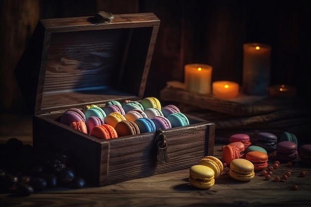 Colored macaroons in a wooden box Gift Macarons Copy space Generative AI