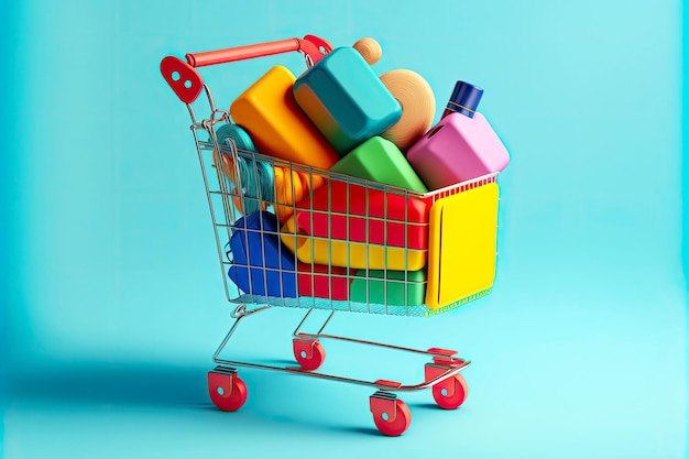 Colored new shopping cart with bags on blue background