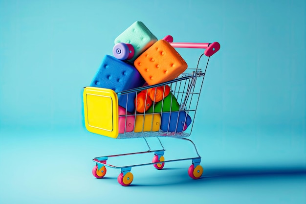 Colored new shopping cart with bags on blue background