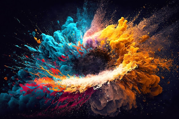 Colored paint splash isolated on black background Generative AI