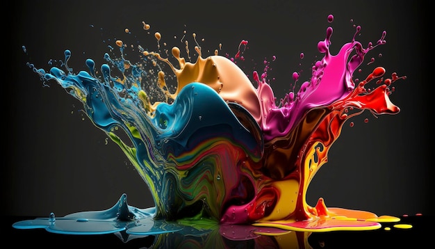 Colored paint splashes isolated on black background ai generative