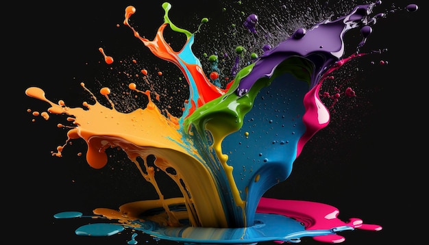 Colored paint splashes isolated on black background ai generative