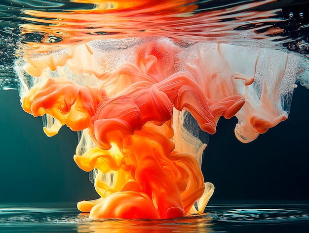 Photo colored paints mix under clear water cloud of ink in water