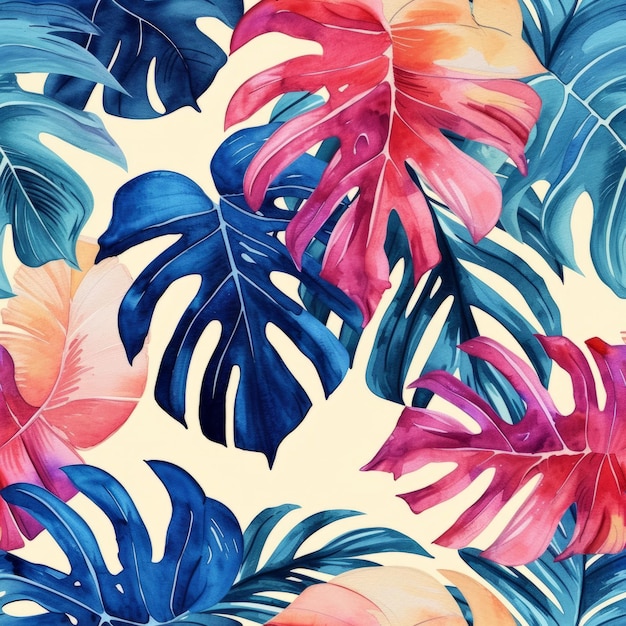 Colored Palm leaves tropical background hand drawn watercolor botanical painting Seamless pattern