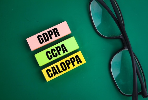 colored paper with the letters GDPR CCPA and CALOPPA statement or a legal document in privacy law