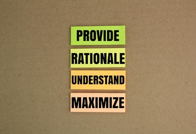 colored paper with the letters Provide Rationale understand and maximize technology management