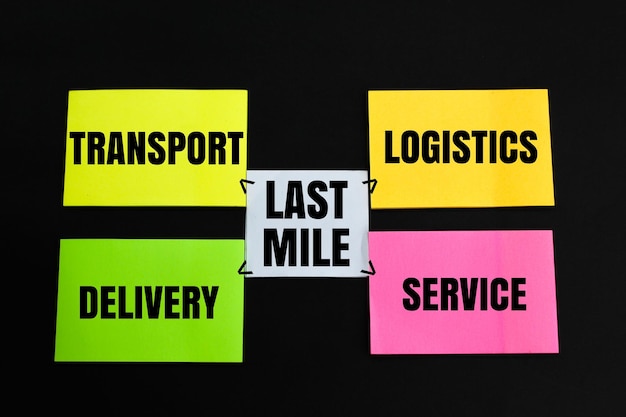 colored paper with the words Last Mile logistics service delivery and transport