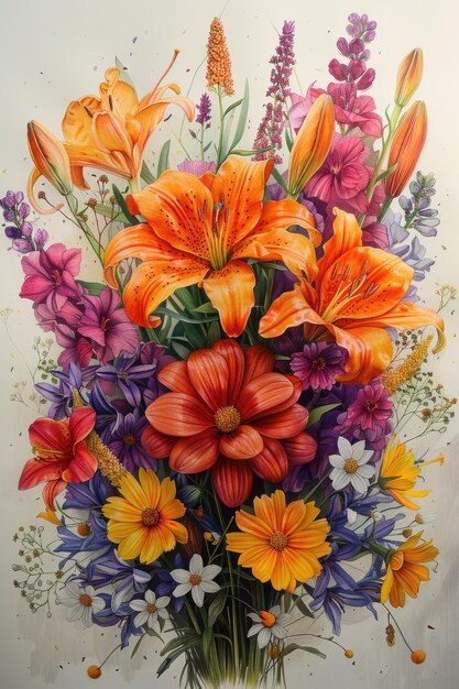 Colored pencil drawing of flower bouquet ar 23 fast stylize 750 Job ID a977b855af7c4d7fb1d9898aeebf7