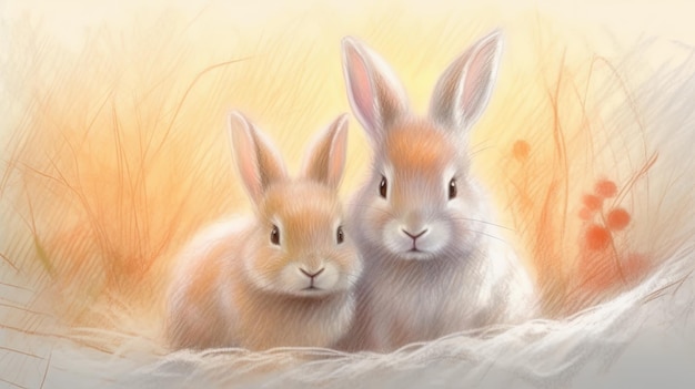 Colored Pencil Drawing of Two Cute Rabbits Generative AI