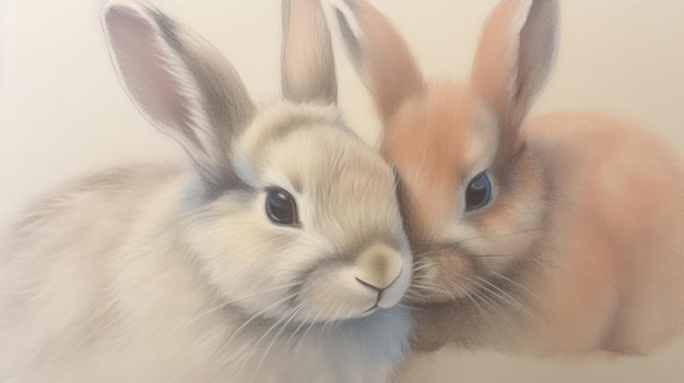 Colored Pencil Drawing of Two Cute Rabbits Generative AI