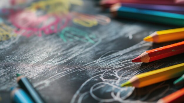 Colored pencils and drawings on a chalkboard