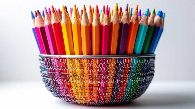 Colored pencils and pens in a pencil holder silver isolated from the white or transparent background